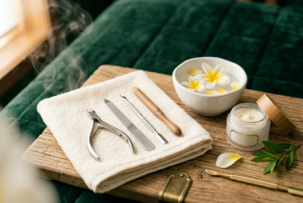 Manicure tools, ivory towel and cream jar styled with frangipani flowers